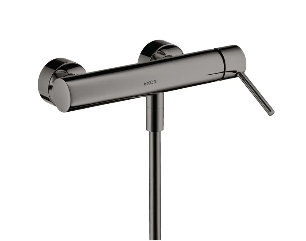 Einhebel-Brausemischer in Polished Black Chrome von AXOR. Das Produkt zeigt einen modernen, minimalistischen Designansatz mit einer seitlichen Hebelsteuerung.